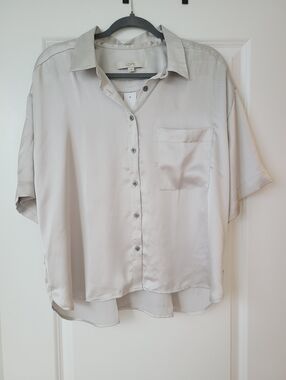 Loft Silver Silky Button Down Short Sleeve Blouse